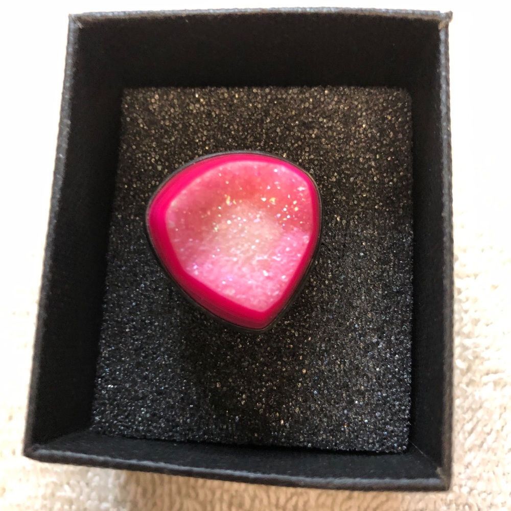Hot pink druzy ring 925 silver 7-8 adj
